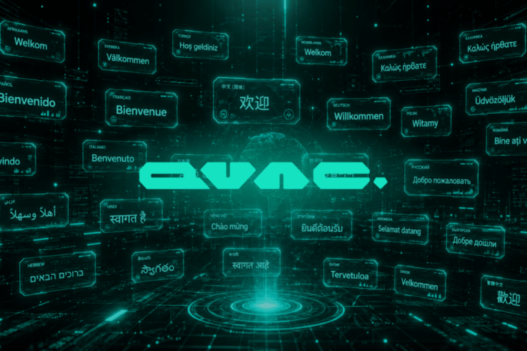image of QVAC logo with 'welcome' in different languages behind it