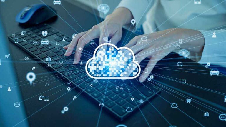 Cloud computing concept with engineer using computer in office.